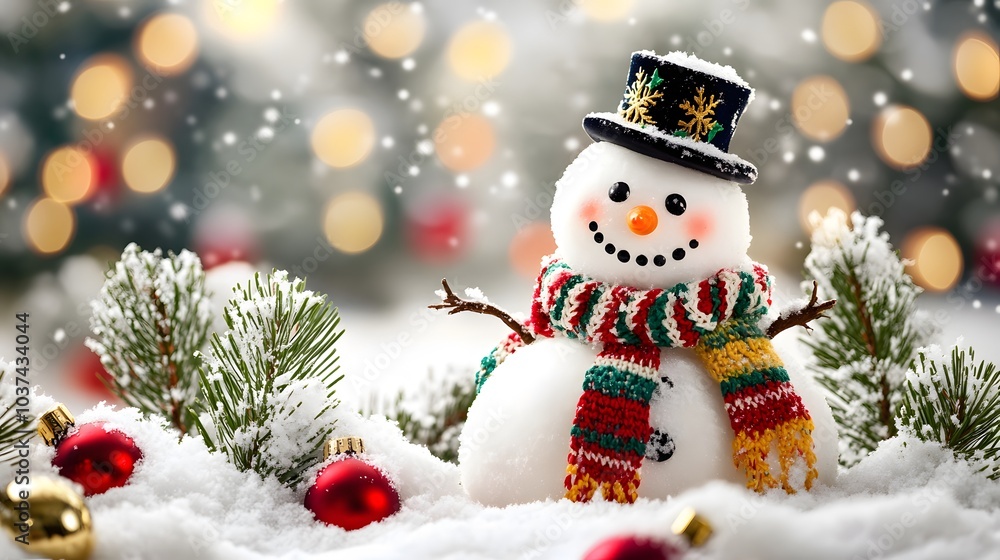 A Smiling Snowman With A Striped Scarf In A Snowy Winter Setting A Smiling Snowman With A Striped Scarf In A Snowy Winter Setting