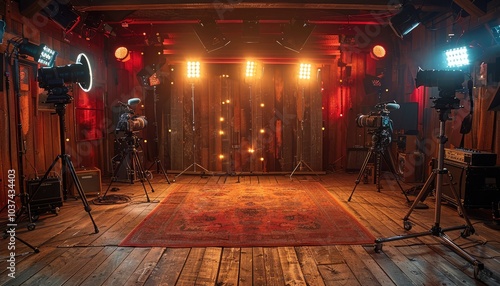 A Studio Setup With Two Cameras, Lighting, and Wooden Floor