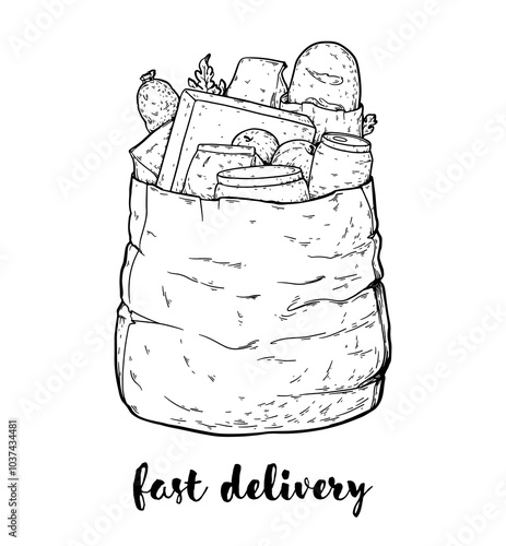 Paper shopping bag products grocery hand drawn illustration. Grocery delivery concept. Organic food vector illustration. Grocery shopping. Grocery supermarket.