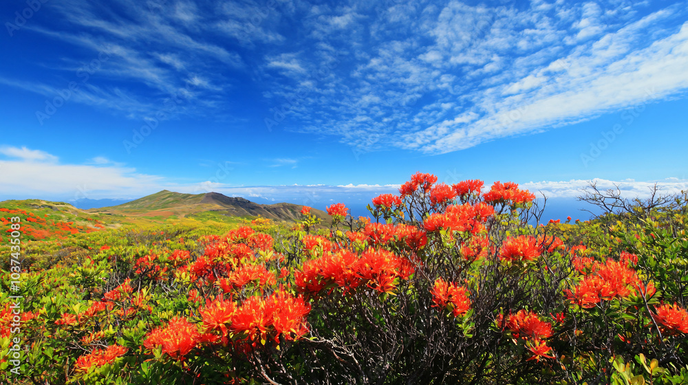 A mesmerizing view of flowering shrubs in autumn, showcasing vibrant hues of red and gold against the blue sky.