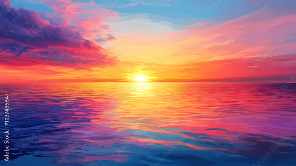 Obraz premium Vibrant sunset casting beautiful colors over the calm sea , sunset, sea, ocean, horizon, sky, dusk, colors, reflections. Sunset Over Horizon. Illustration