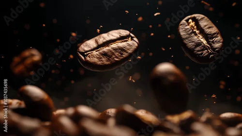 Panel kuchenny z motywem Kompozycja przedstawiająca ziarna kawy w różnych kształtach i rozmiarach, w centrum której znajduje się elegancka filiżanka z aromatyczną kawą.