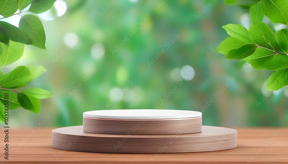 product presentation platform made of wood on a natural green blur product presentation platform made of wood on a natural green blur