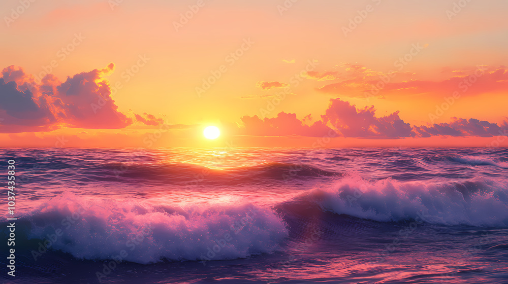 Vibrant sunset over a calm ocean with soft waves crashing on the shore. Sunset Over Horizon. Illustration Vibrant sunset over a calm ocean with soft waves crashing on the shore. Sunset Over Horizon. Illustration
