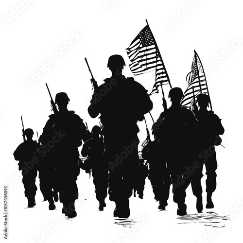 Silhouette Of A Veterans Day parade with flags waving in the background