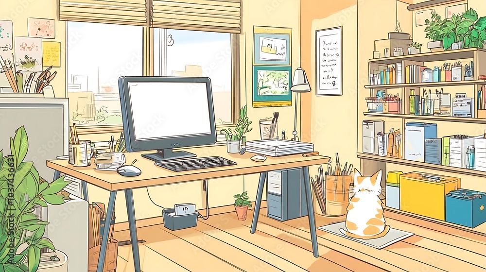 Cozy Home Office with Cat and Desk Cozy Home Office with Cat and Desk