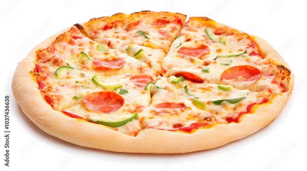 A delicious pizza with pepperoni and green peppers. A delicious pizza with pepperoni and green peppers.