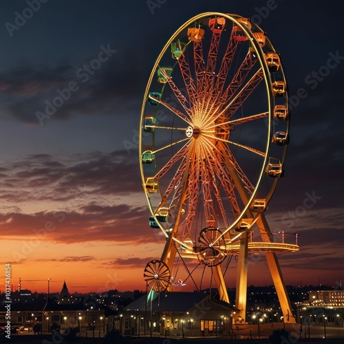 Illuminated Ferris wheel silhouetted against a dramatic sunset sky, with city lights in the background. photo