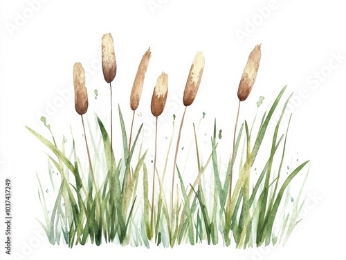 Watercolor painting of tall cattails and green grass in a minimalistic nature scene on a white background.