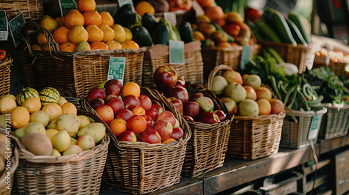 Fresh Organic Produce Displayed in Wicker Baskets at a Local Farmers Market Stall with Vibrant Colors and Variety of Fruits and Vegetables