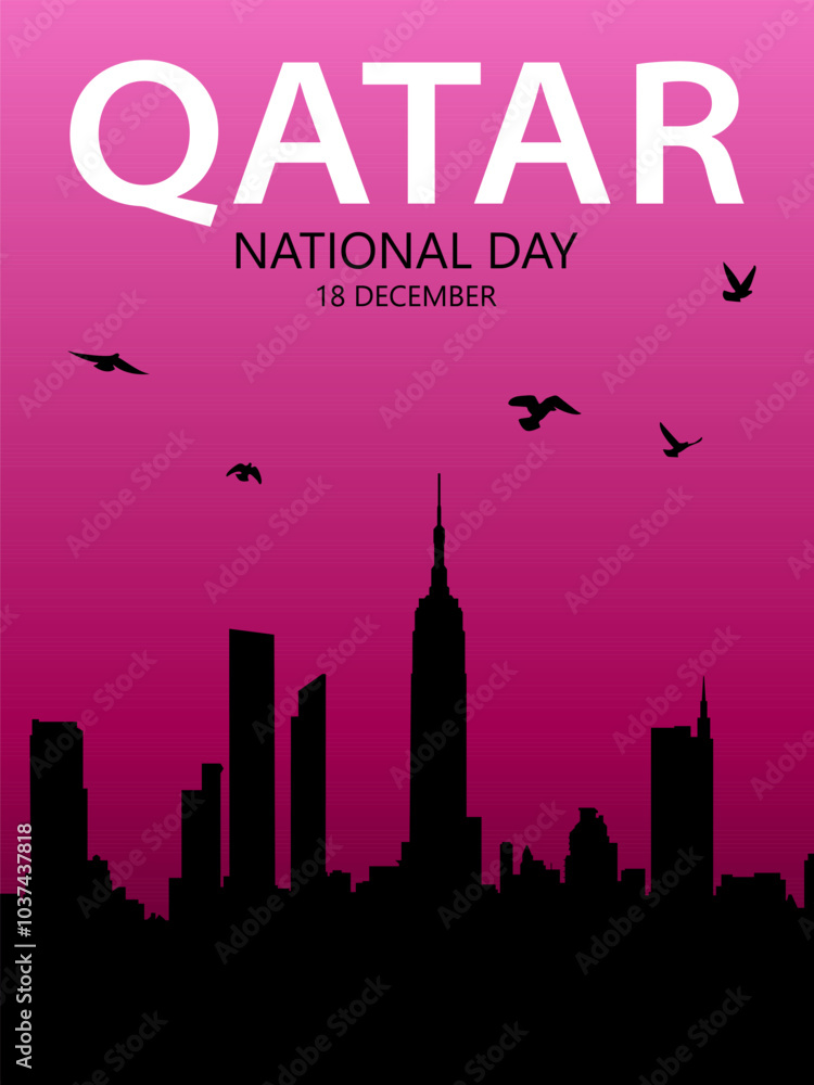 Fototapeta premium Text Qatar National Day, 18 december on the background of sunset over city. Festive design for greeting card, banner or poster for National Day of Qatar.