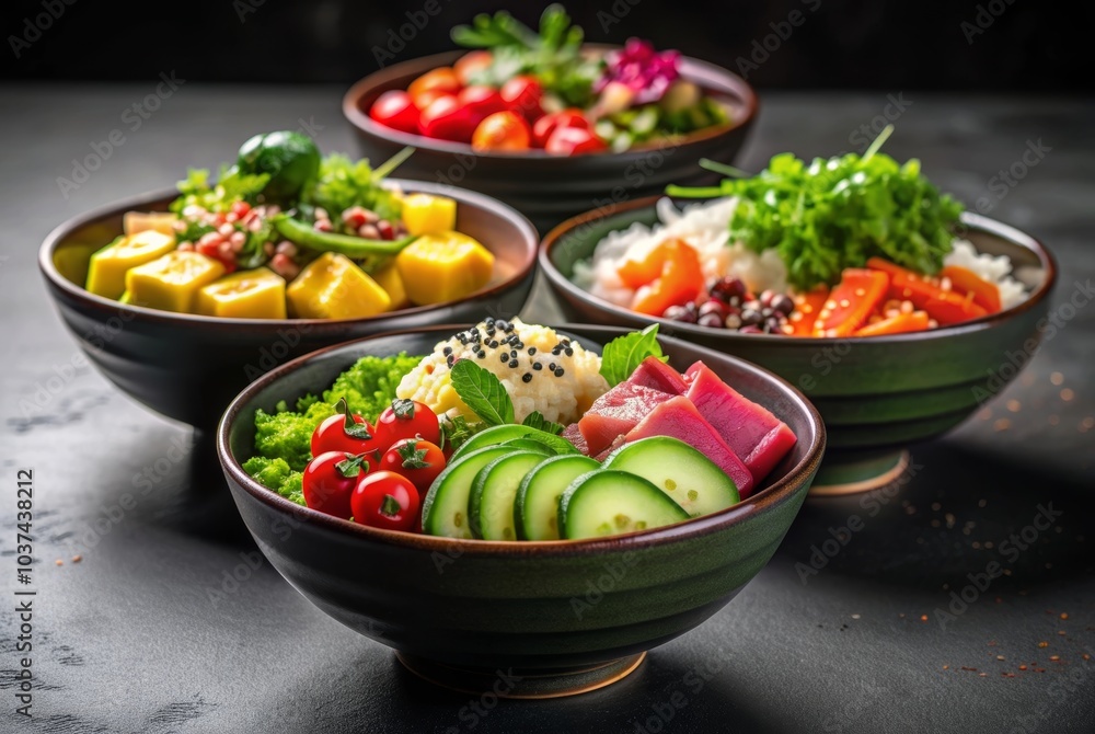 Asian bowls with different fillings side view Asian bowls with different fillings side view