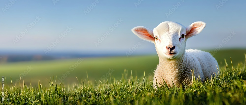 Fototapeta premium A cute lamb rests on a lush, green hillside, enjoying a serene day under a clear blue sky.