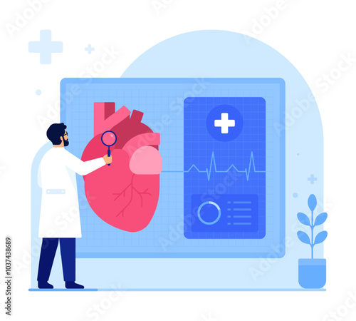 Doctor checking heart ECG, blood pressure. Healthcare, heart health, cardiology, medical examination, cardiovascular research, checkup concept. Flat vector illustration isolated on a white background