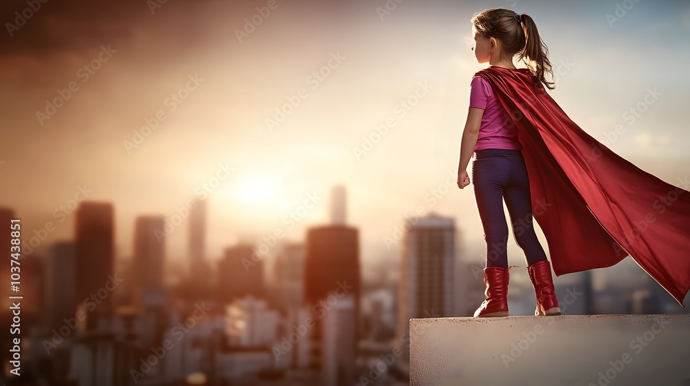 Fototapeta premium Young girl wearing a red cape standing on a rooftop, overlooking a city at sunset, empowerment