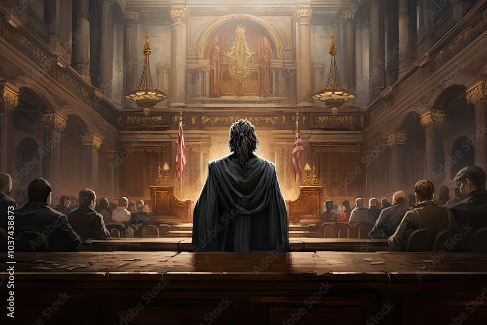 A cloaked figure stands at the front of a grand courtroom surrounded by attentive spectators as an intense legal discussion takes place under ornate decor A cloaked figure stands at the front of a grand courtroom surrounded by attentive spectators as an intense legal discussion takes place under ornate decor