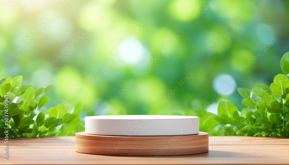 green blurred nature background with wooden product display podium green blurred nature background with wooden product display podium