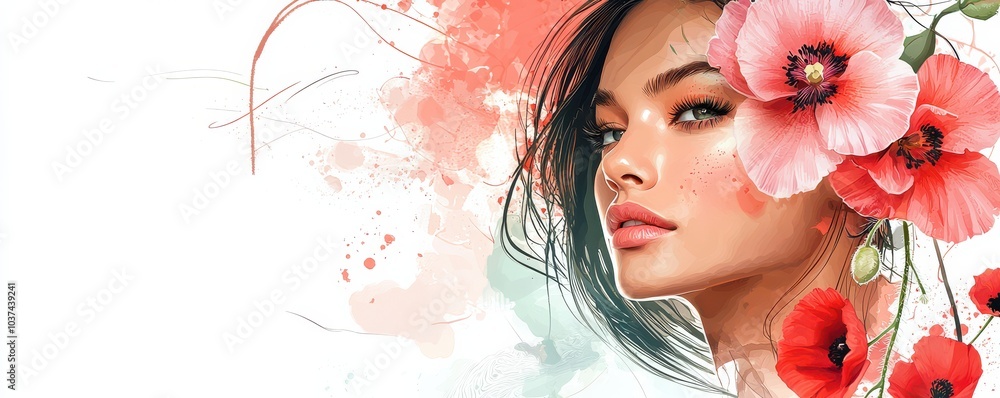 Fototapeta premium Elegant banner background for a beauty and spa website featuring a woman adorned with pink and red flowers, embodying elegance and floral charm.