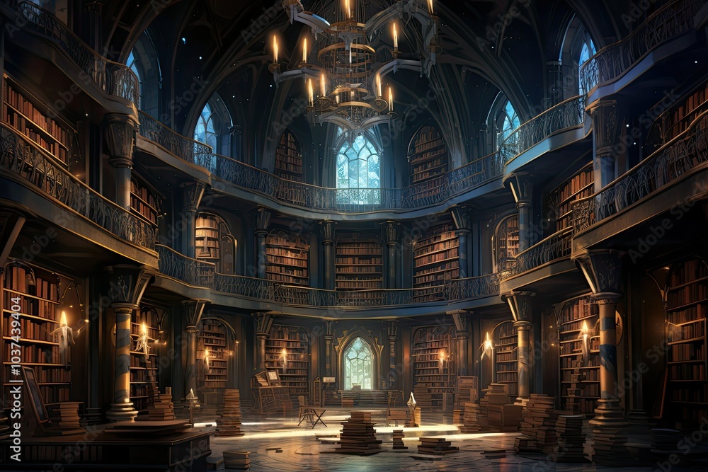 Obraz premium This law library features towering bookshelves filled with legal texts illuminated by elegant lighting and natural light streaming through large windows