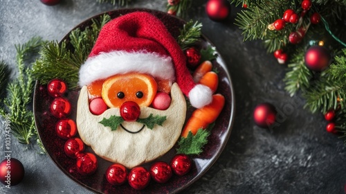 A festive plate designed to resemble Santa Claus using fruits and vegetables.