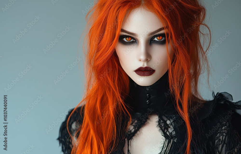 Obraz premium Beautiful woman with long red hair in elegant gothic attire and lace choker