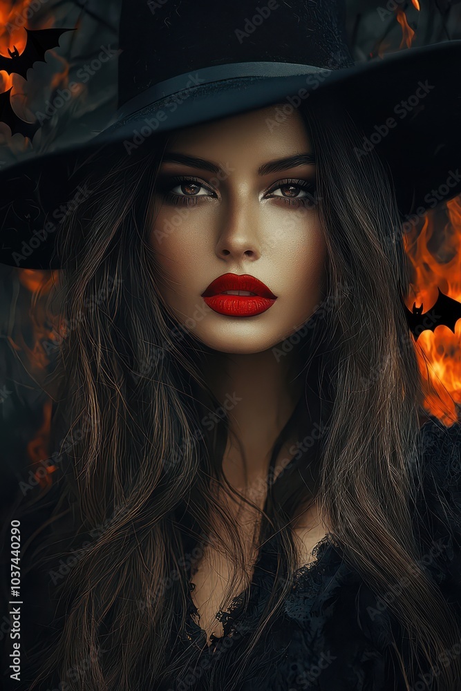 Enchanting woman with red lips and long hair in a mystical setting with bats and flames Enchanting woman with red lips and long hair in a mystical setting with bats and flames