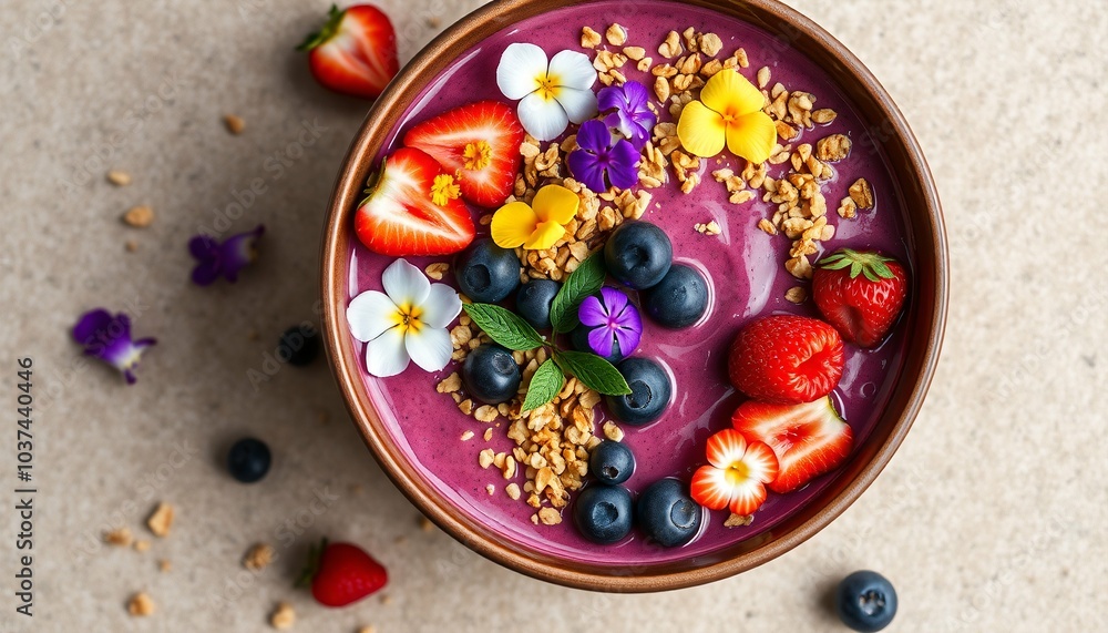 Colorful Smoothie Bowl Topped with Fresh Fruits, Edible Flowers, and Granola for a Healthy Breakfast Colorful Smoothie Bowl Topped with Fresh Fruits, Edible Flowers, and Granola for a Healthy Breakfast