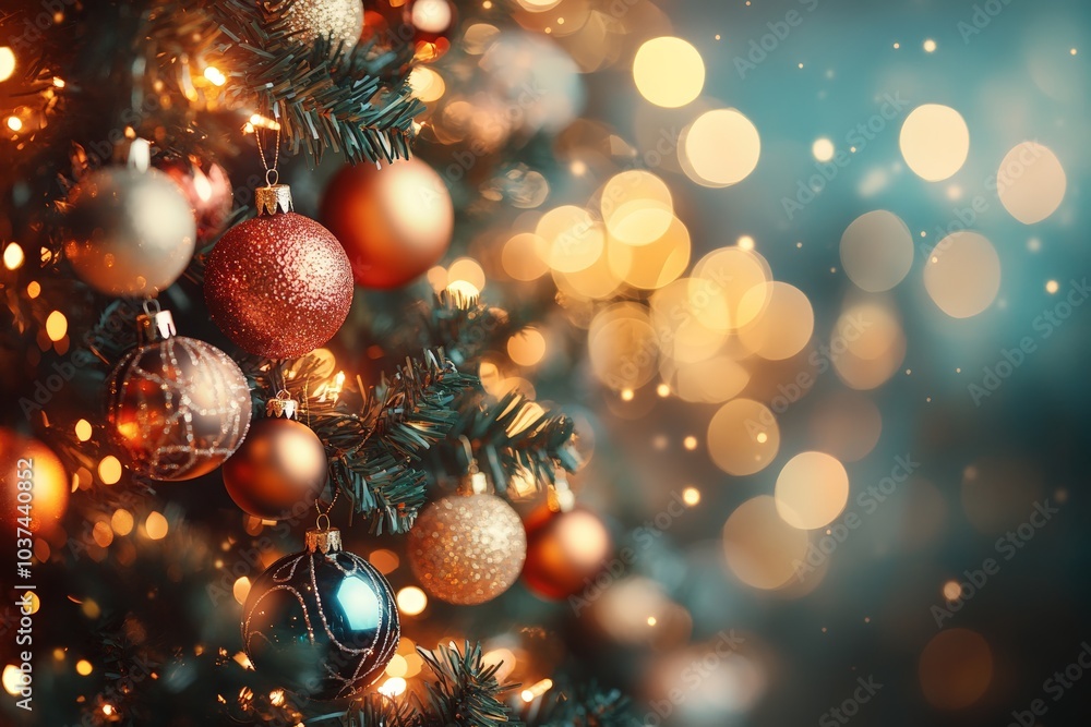 Christmas tree with a variety of colorful baubles, shimmering ornaments, and twinkling lights. Christmas tree with a variety of colorful baubles, shimmering ornaments, and twinkling lights.