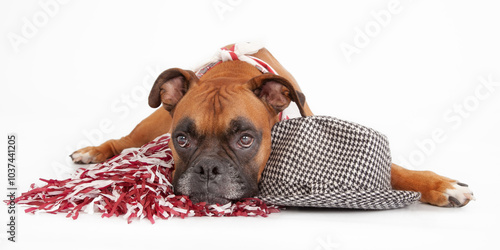 Boxer laying on pom poms next to Bear Bryant hat