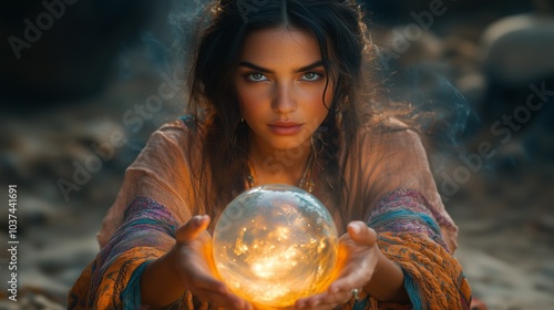 Mysterious Fortune Teller with Crystal Ball Surrounded by Swirling Mist and Colorful Garments