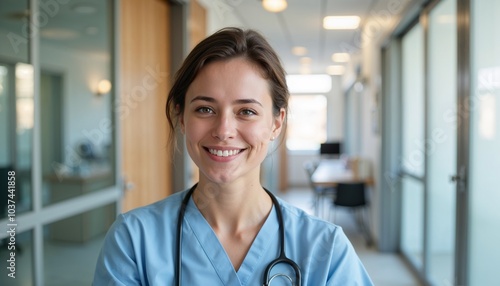 Smiling nurse in the hospital corridor, Friendly medical staff