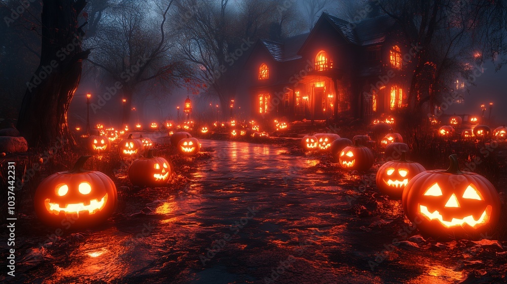 Glowing Jack-o'-Lanterns Guiding Pathway to Haunted House at Night Glowing Jack-o'-Lanterns Guiding Pathway to Haunted House at Night
