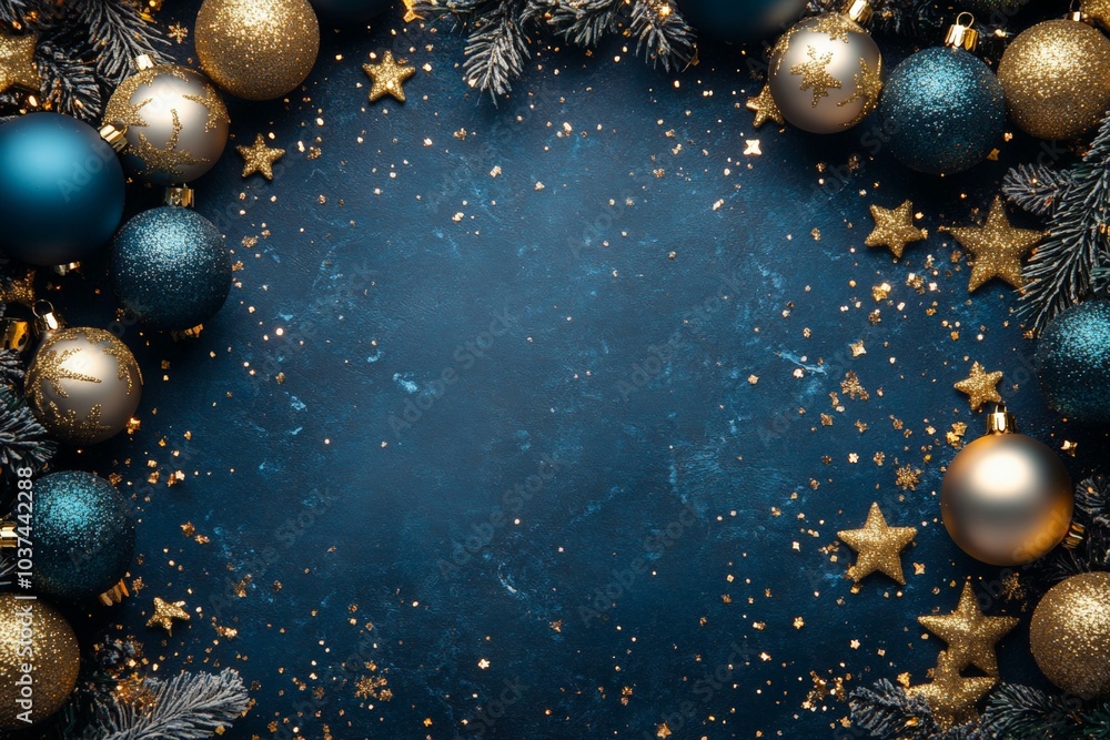 Stylish Blue Christmas background with gold stars, balls, confetti. Elegant Christmas greeting card