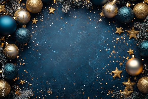Obraz na płótnie Stylish Blue Christmas background with gold stars, balls, confetti. Elegant Christmas greeting card w salonie