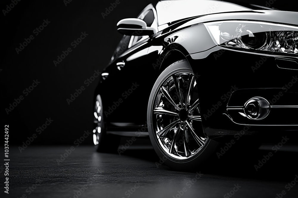 sleek and stylish black car with chrome wheels on a dark background