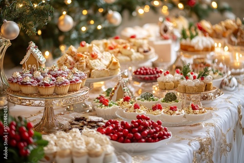 banquet table overflowing with an assortment of festive appetizers Christmas party