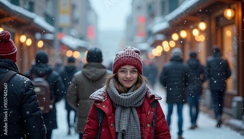 Smiling woman in a winter outfit walking through a festive city street – ideal for blogs or ads about holiday shopping, winter fashion, or seasonal urban experiences.