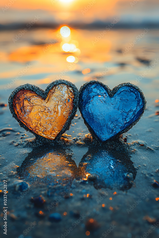 Fototapeta premium Two heart-shaped stones, one orange and one blue, resting on a reflective surface by the beach during sunset.