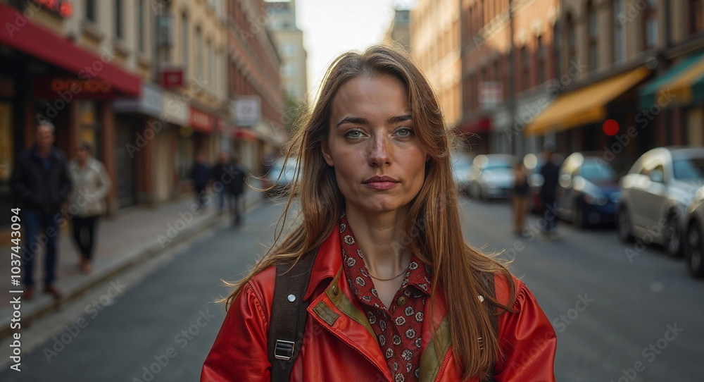 Fototapeta premium Serious woman standing in the middle of a city street – great for blogs or articles about urban life, personal journeys, or social commentary on modern living and individuality.