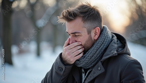 Man covering his mouth while coughing outdoors in winter – ideal for health articles, flu season awareness, or blogs focused on staying healthy during cold weather.

