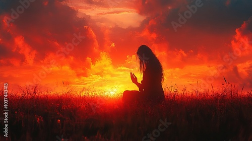 Silhouette of a person meditating at sunset, surrounded by a vibrant, colorful sky.