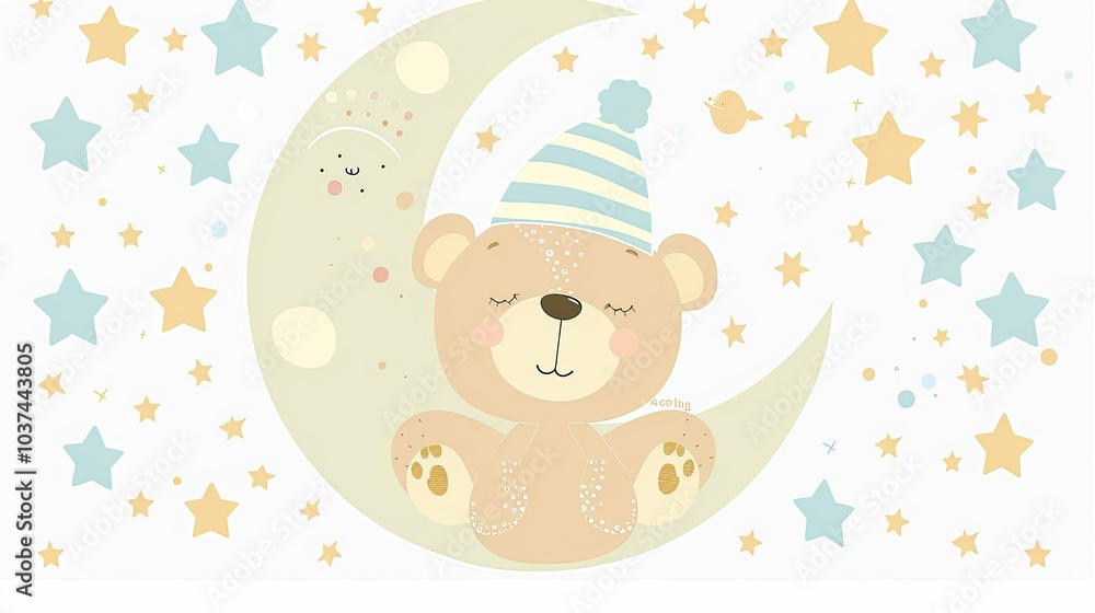 a cute cartoon baby bear with a blue striped nightcap sitting on the moon against a cute cartoon baby bear with a blue striped nightcap sitting on the moon against