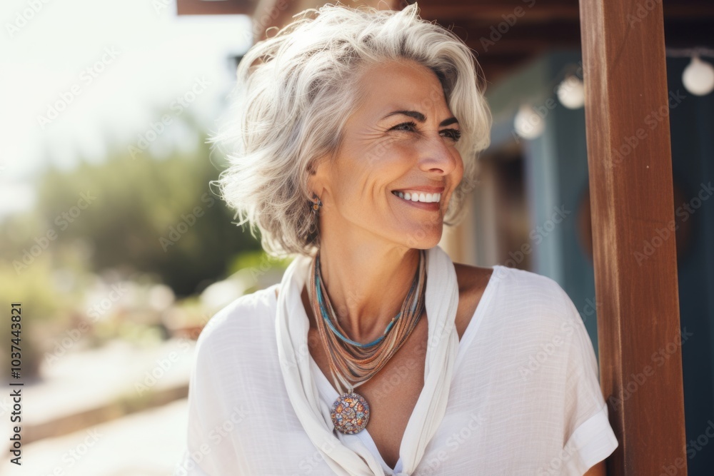 Close up portrait of a beautiful senior woman with short grey hair smiling outdoors. Close up portrait of a beautiful senior woman with short grey hair smiling outdoors.