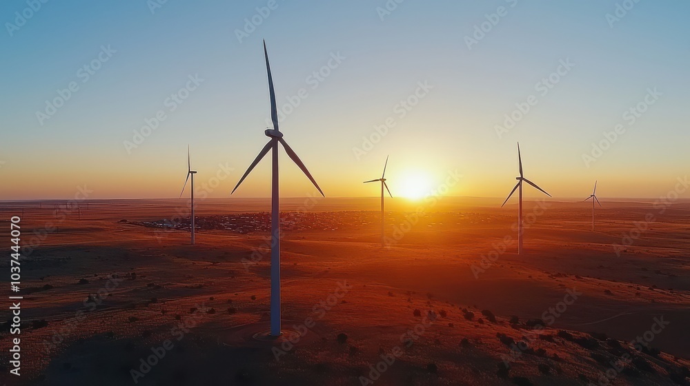 Obraz premium Scenic view of wind turbines in a rural landscape at sunset with rolling hills and vibrant sky.