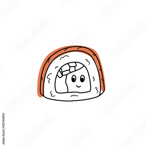 Cute smiling sushi roll character doodle style, vector illustration isolated on white background. Decorative design element, Japanese food, tasty dish, funny face