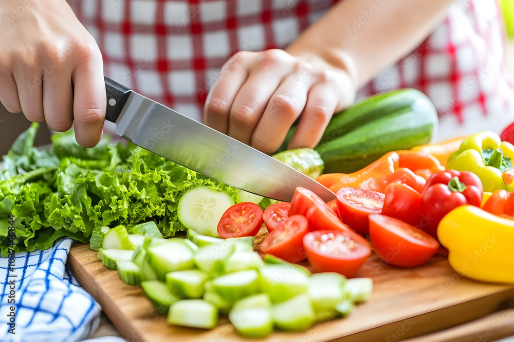 Person chopping fresh vegetables including tomatoes, cucumbers, and peppers on a wooden cutting board, preparing a healthy meal in a kitchen Person chopping fresh vegetables including tomatoes, cucumbers, and peppers on a wooden cutting board, preparing a healthy meal in a kitchen