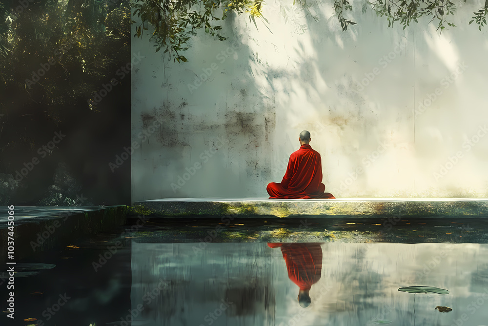 Obraz premium scene featuring a monk in deep meditation, sitting cross-legged in a calm and peaceful environment.