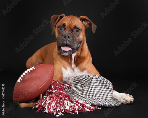 Boxer laying on pom poms next to football and Bear Bryant hat