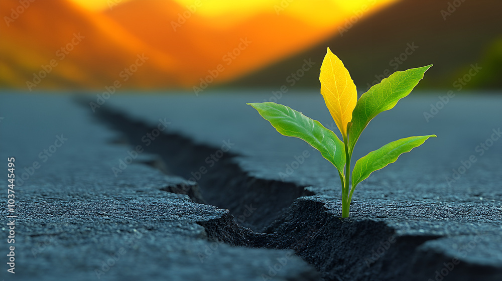 A resilient green plant emerges from a crack in the asphalt during sunset in a mountainous area A resilient green plant emerges from a crack in the asphalt during sunset in a mountainous area