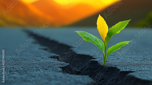 A resilient green plant emerges from a crack in the asphalt during sunset in a mountainous area